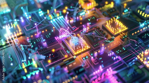 A vibrant close-up of a futuristic circuit board with glowing components.