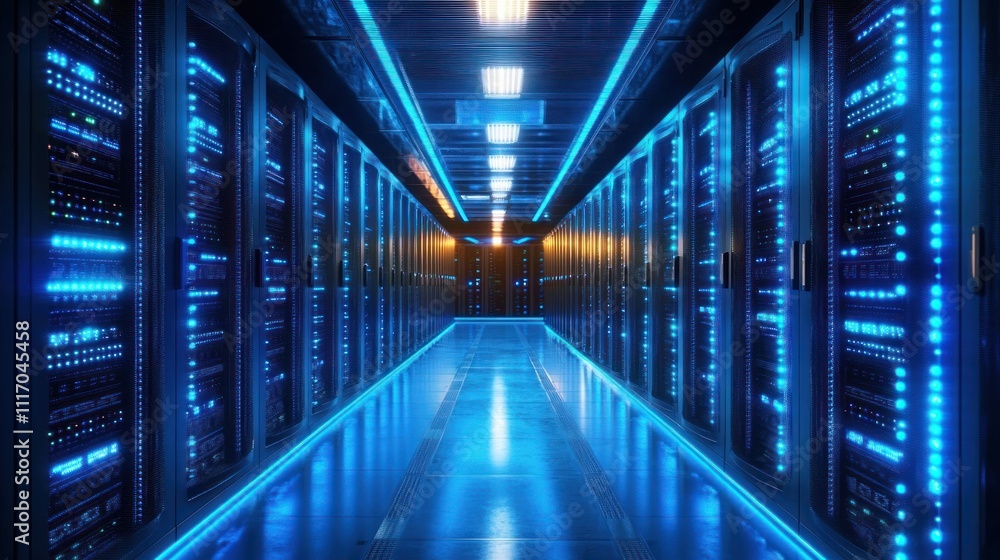Futuristic Cyberpunk Server Room with Neon Blue Lights Organized Data Storage and Connectivity Futuristic Cyberpunk Server Room with Neon Blue Lights Organized Data Storage and Connectivity