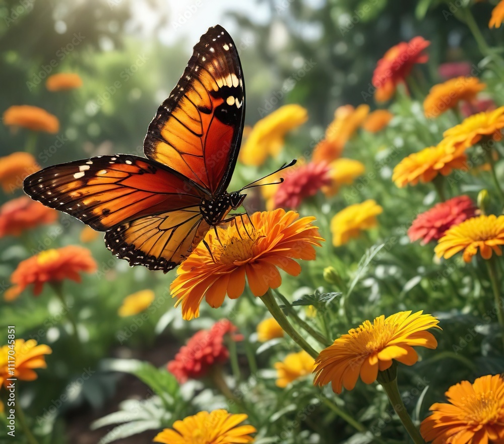 Obraz premium Colorful butterfly settles on a sunny marigold in a garden, sunny garden, flowers in garden, warm sunlight