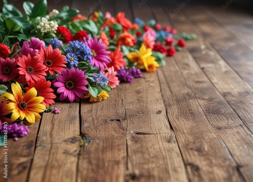 Colorful flowers and leaves on a wooden table, foliage, plants, flowering Colorful flowers and leaves on a wooden table, foliage, plants, flowering
