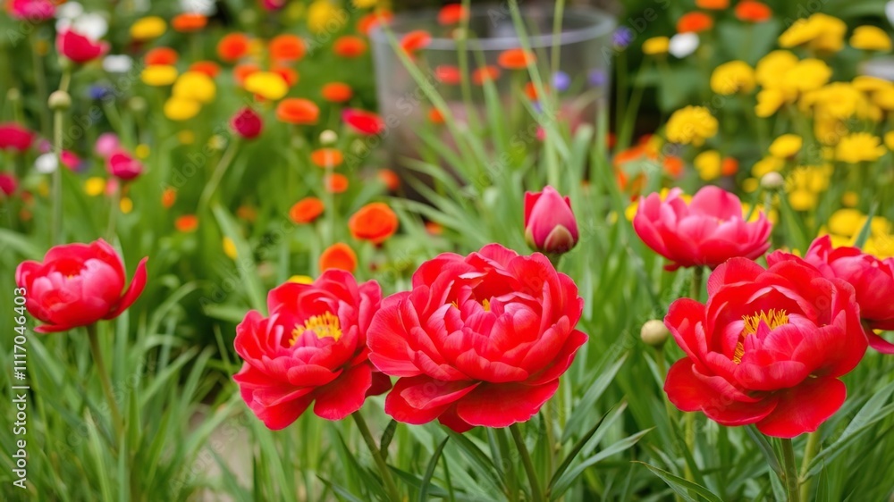 Colorful Garden Background with Red Peonies and Grass, foliage, garden, red peonies Colorful Garden Background with Red Peonies and Grass, foliage, garden, red peonies