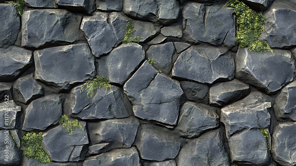 Fototapeta premium Seamless texture of dark gray stone wall with small green plants growing in the crevices.