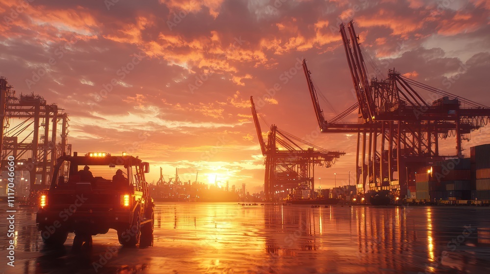 Obraz premium A sunset casts vibrant colors over a port, highlighting cranes and machinery, with a vehicle in the foreground reflecting the warm tones of dusk.