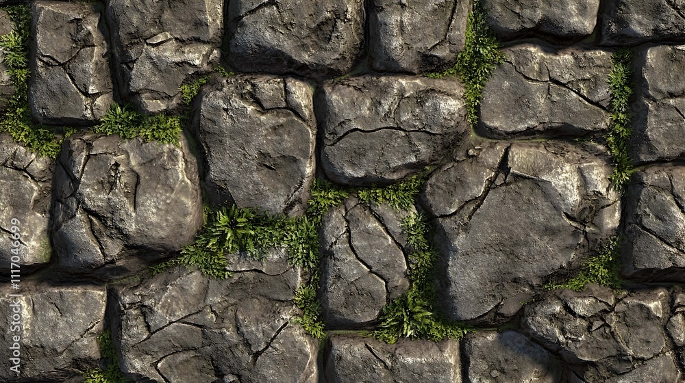 Fototapeta premium Seamless texture of dark stone pavement with cracks and small green plants growing in between.