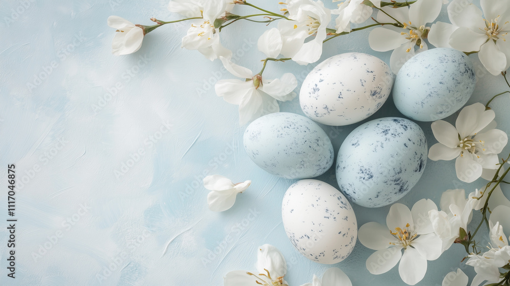 Speckled blue and white Easter eggs with cherry blossoms Speckled blue and white Easter eggs with cherry blossoms