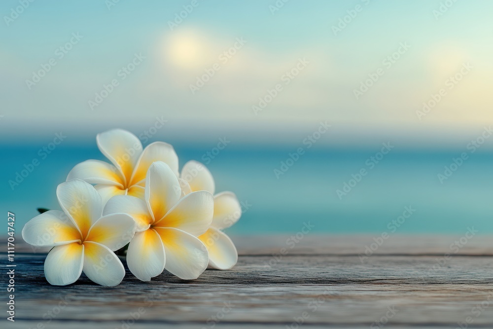 A close-up of white plumeria flowers resting on a wooden surface A close-up of white plumeria flowers resting on a wooden surface