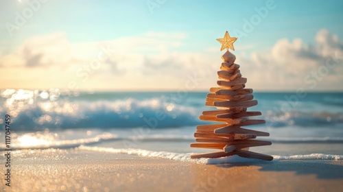 Wooden Christmas Tree on the Beach with Copy Space for Holiday Greetings