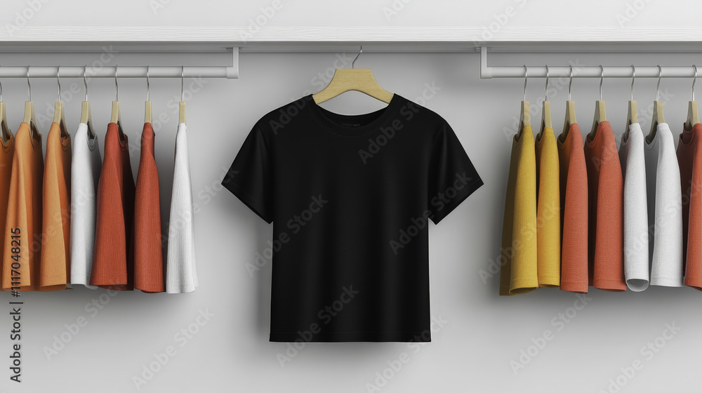 black t shirt displayed on hanger surrounded by colorful shirts. arrangement showcases variety of colors, creating vibrant and stylish atmosphere black t shirt displayed on hanger surrounded by colorful shirts. arrangement showcases variety of colors, creating vibrant and stylish atmosphere