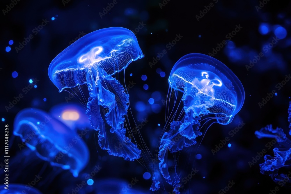 A glowing blue jellyfish floating gracefully in the dark depths of the ocean A glowing blue jellyfish floating gracefully in the dark depths of the ocean