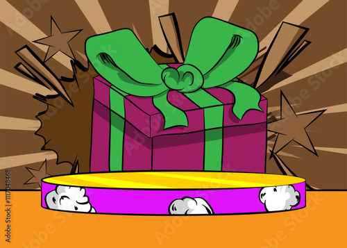 Comic Book Product podium stage for mockup presentation with Gift Box. Retro comics background.