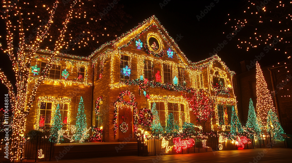 Naklejka premium Extravagant Christmas Light Display on Historic Brick Building with Festive Trees