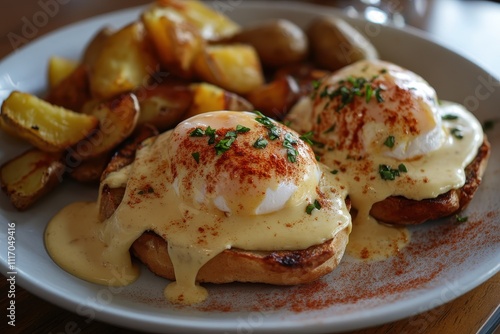 A plate of two eggs benedict, perfectly poached eggs on muffins with hollandaise sauce