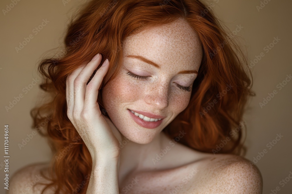 A red-haired woman with clear, radiant skin, slightly smiling as she gently touches her hair A red-haired woman with clear, radiant skin, slightly smiling as she gently touches her hair