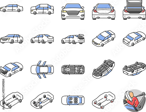 car vehicle auto transport icons set vector. bus truck, automotive, station, traffic energy, delivery drive car vehicle auto transport color line illustrations