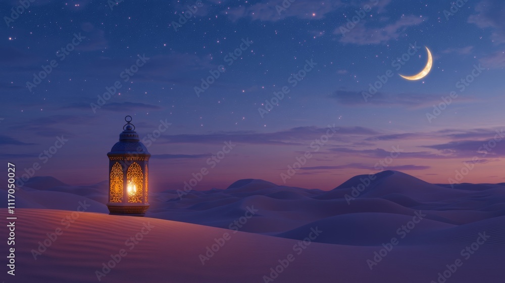Magically lit lantern casting soft light across desert dunes, crescent moon and stars adding a celestial charm, with copy space