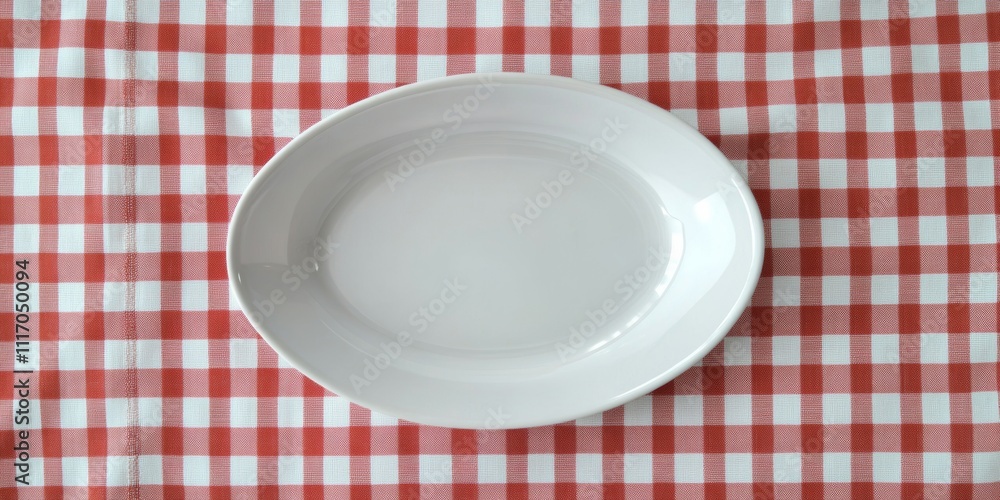 Empty white plate on checkered red and white tablecloth with plenty of copy space for text beneath Empty white plate on checkered red and white tablecloth with plenty of copy space for text beneath