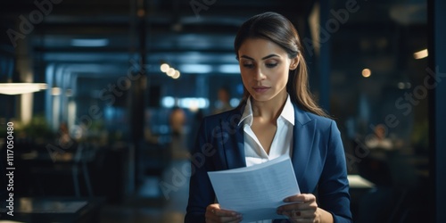 Business woman in corporate office setting, holding a clipboard and reviewing documents with a focused expression