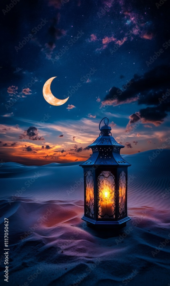 Magically lit lantern casting soft light across desert dunes, crescent moon and stars adding a celestial charm, with copy space Magically lit lantern casting soft light across desert dunes, crescent moon and stars adding a celestial charm, with copy space