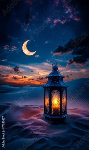 Magically lit lantern casting soft light across desert dunes, crescent moon and stars adding a celestial charm, with copy space