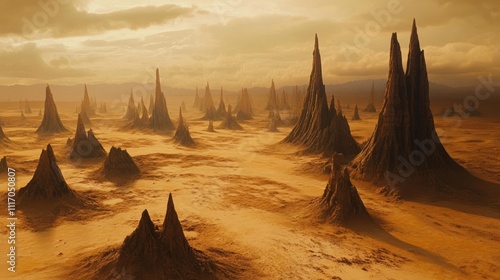 Desolate alien landscape with towering sandstone formations under a hazy, orange sunset.