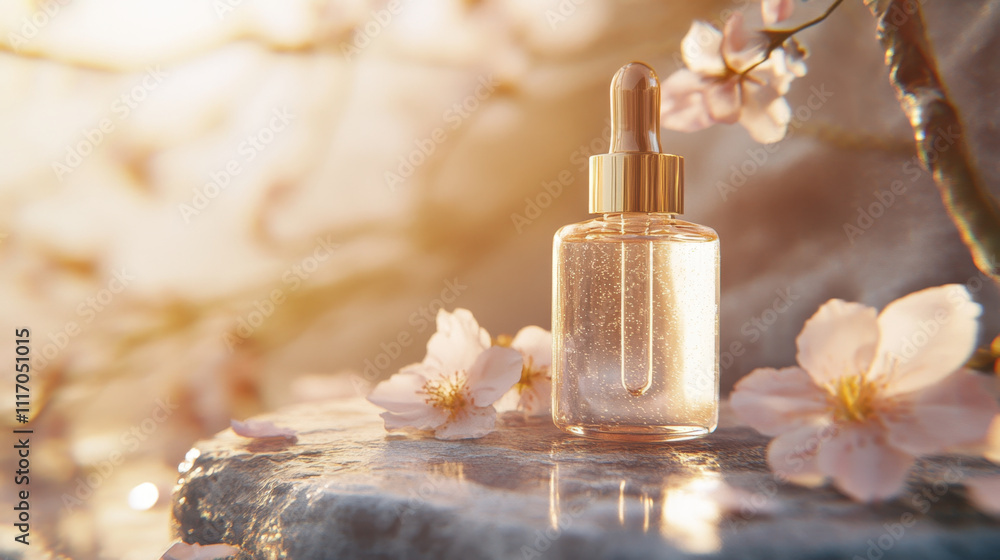 close up shot of translucent serum bottle surrounded by delicate cherry blossoms, capturing serene and elegant atmosphere. soft light enhances beauty of scene close up shot of translucent serum bottle surrounded by delicate cherry blossoms, capturing serene and elegant atmosphere. soft light enhances beauty of scene