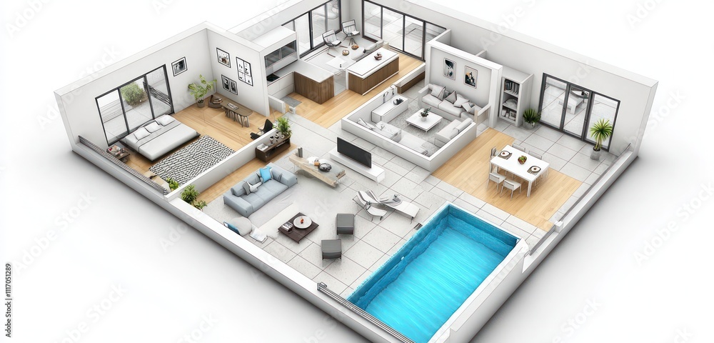 Fototapeta premium Detailed 3D floor plan in isometric view of a house with kitchen, pool, and bedrooms.