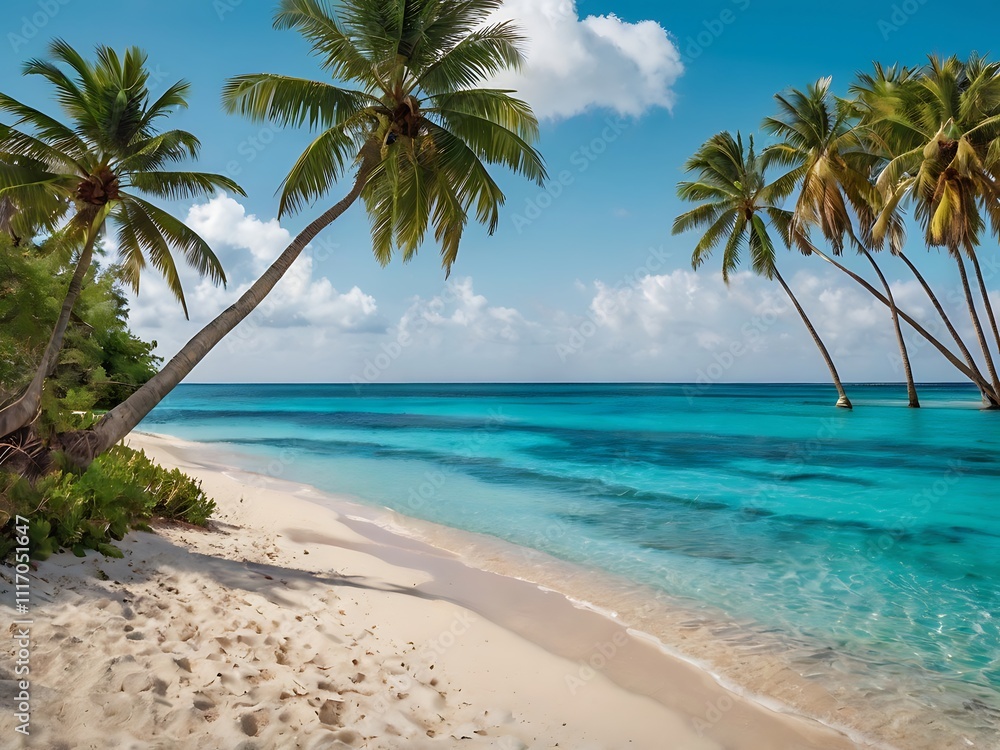 Fototapeta premium Idyllic Tropical Beach Scene With Lush Palm Trees