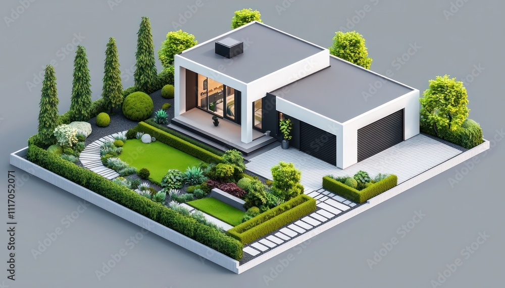 Modern villa 3D design with garage, garden, and tree details.