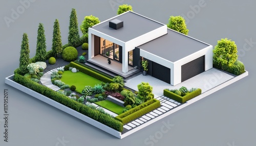 Obraz na płótnie Modern villa 3D design with garage, garden, and tree details. w salonie