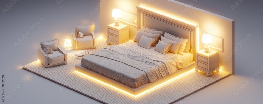 Warm and inviting bedroom featuring soft lighting and cozy, simple decor.