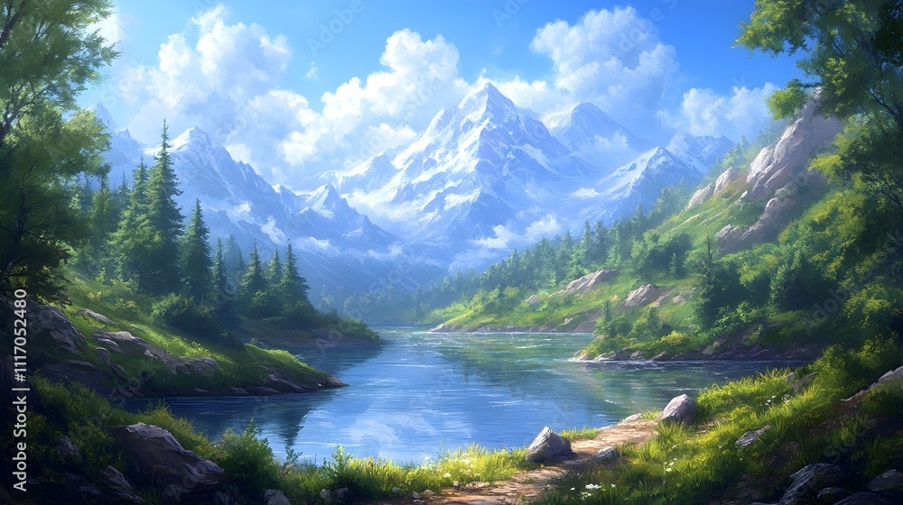 Fototapeta premium Serene mountain lake landscape with lush greenery and snow-capped peaks under a bright sky.