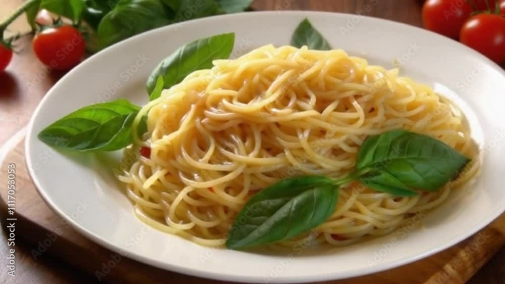 Cozy kitchen spaghetti plating with olive oil and parmesan Cozy kitchen spaghetti plating with olive oil and parmesan