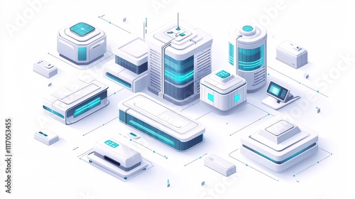 Isometric illustration of modern office buildings in blue and grey tones.