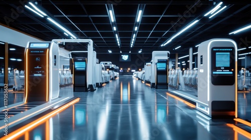 Futuristic automated service center with self-service kiosks and autonomous vehicles.