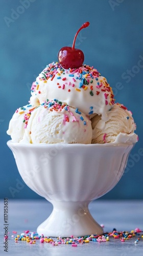 A delicious ice cream sundae topped with a cherry and colorful sprinkles.