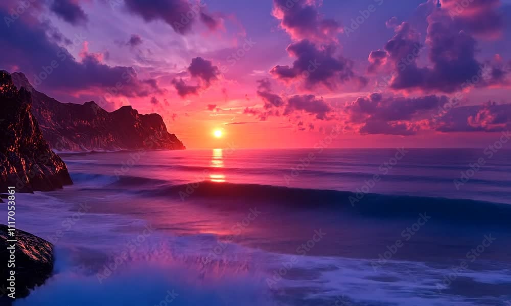 A vibrant sunset over the ocean, with colorful clouds reflecting on the water. A vibrant sunset over the ocean, with colorful clouds reflecting on the water.