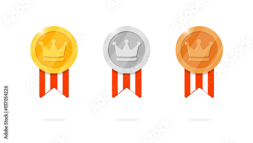 Gaming achievement award medal badge set with crown symbol and red striped ribbon. Gold, silver, bronze ranking medallion in royal theme. Perfect for game leader bonus animation. Winner place prize