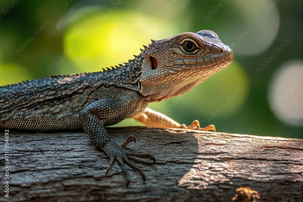 A close-up of a lizard resting on a log in natural light. A close-up of a lizard resting on a log in natural light.