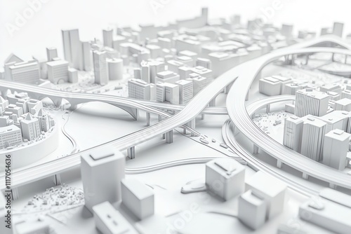 Paper model of an urban landscape with roads, buildings, and bridges in white.