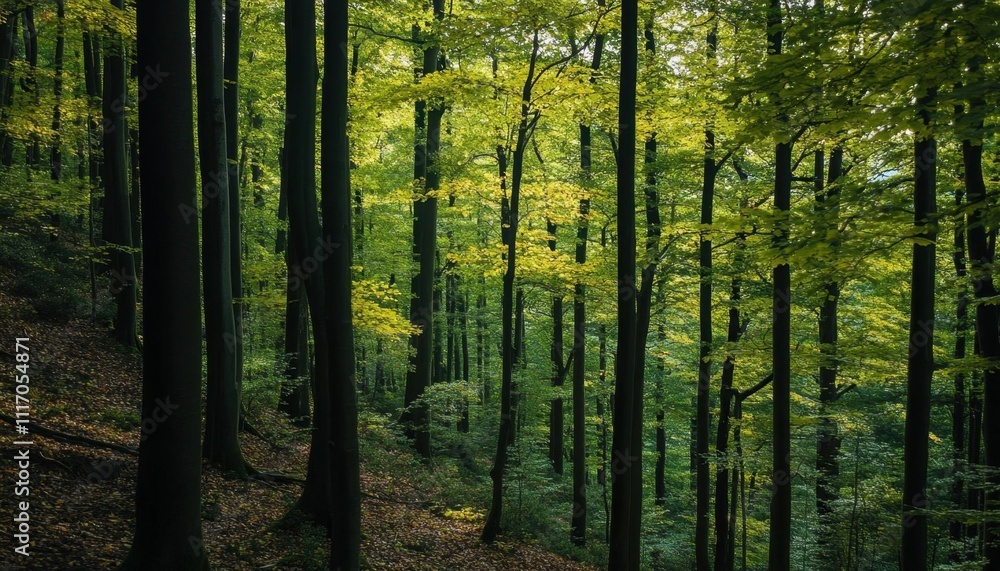 Obraz premium Lush green forest with tall trees and vibrant foliage.