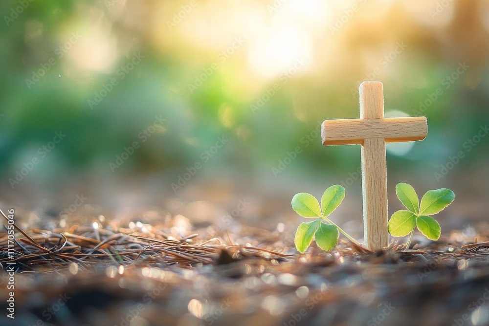 Cross Symbolizing the Death and Resurrection of Jesus Christ with Heart-shaped Leaves and Beautiful Bright Background Cross Symbolizing the Death and Resurrection of Jesus Christ with Heart-shaped Leaves and Beautiful Bright Background