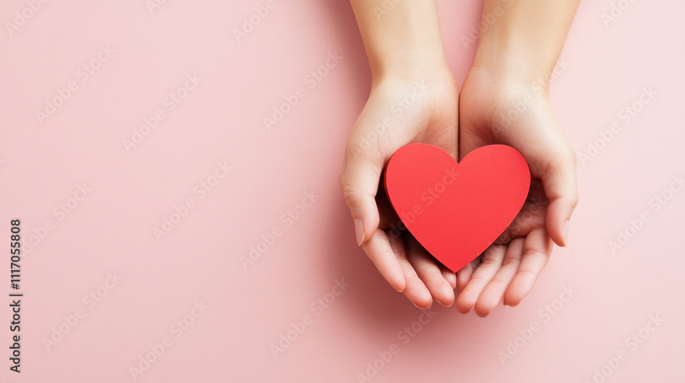 Gently holding red paper heart in two hands, symbolizing love and care. soft pink background enhances emotional expression of affection and warmth Gently holding red paper heart in two hands, symbolizing love and care. soft pink background enhances emotional expression of affection and warmth