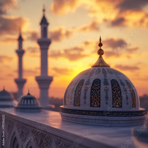 Stunning Close-Up of Mosque Silhouette Against Vibrant Sunset Sky photo