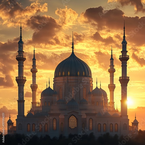 Stunning Close-Up of Mosque Silhouette Against Vibrant Sunset Sky photo