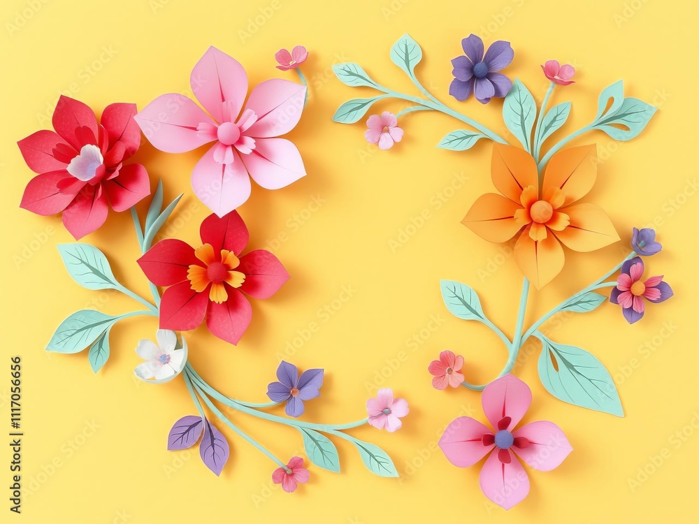 Fototapeta premium Decorative paper cut flowers in various colors and shapes, craft, intricate