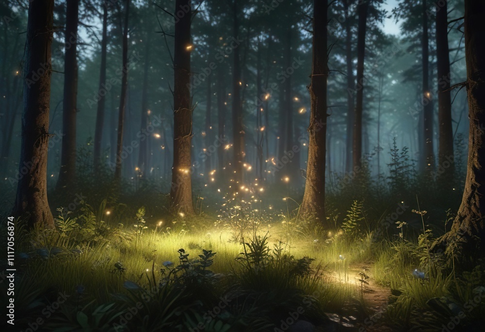 Flickering lights of fireflies in a forest clearing, , firefly light Flickering lights of fireflies in a forest clearing, , firefly light