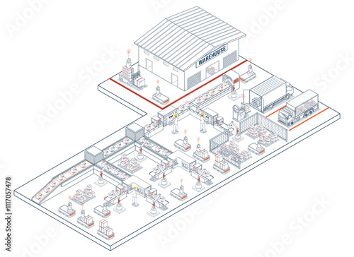 Smart Warehouse Technologies with agv robots, warehouse Automation System and Automated inventory control platforms. Vector illustration EPS 10