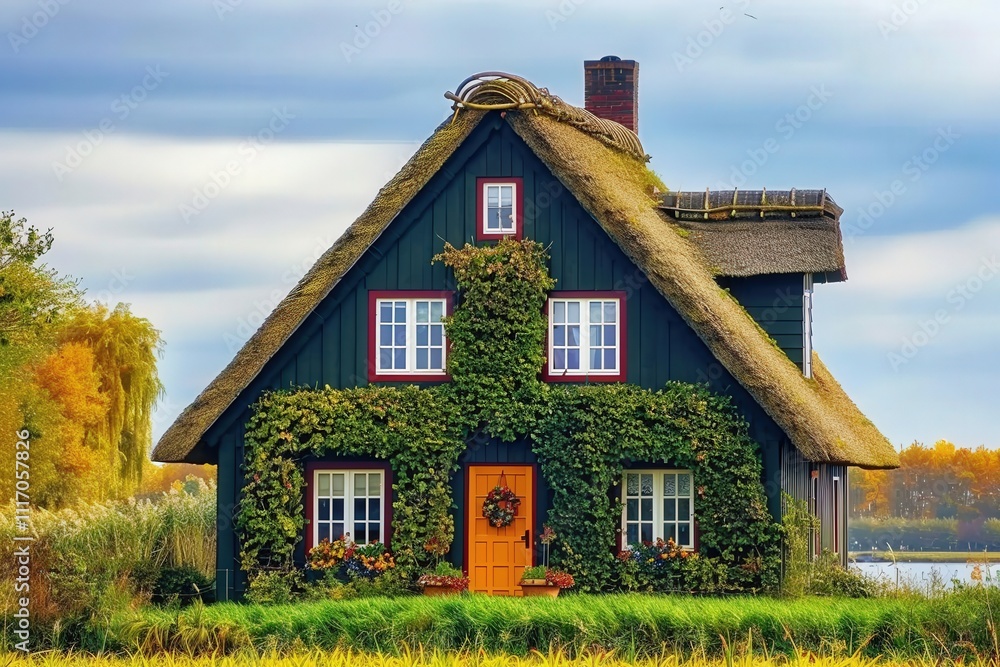 Fototapeta premium A house with a green roof and ivy growing on it