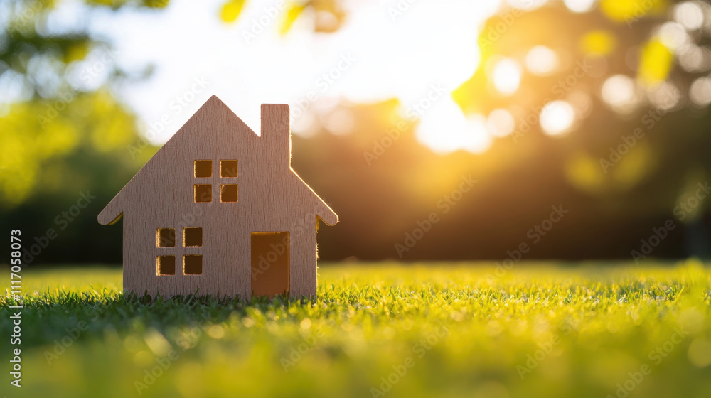 wooden house model on green grass with sunlight shining in background, symbolizing warmth and comfort wooden house model on green grass with sunlight shining in background, symbolizing warmth and comfort