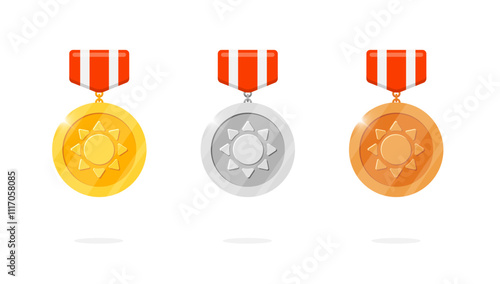 Gaming achievement hanging medal badge set with ancient sun symbol and red striped ribbon. Gold, silver, bronze ranking medallion in ancient myth theme. Game leader bonus and winner place prize icons